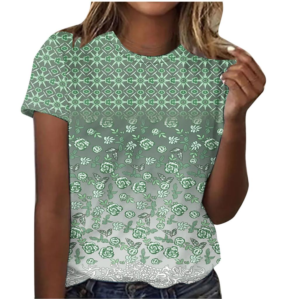 Summer Round Neck Beautiful Floral Print Top Fashionable Casual Short Sleeved Women's T-shirts
