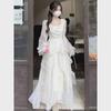 French Style White Square Neck Puff Sleeve Chiffon A-Line Dress