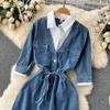 Summer Temperament Lapel Splicing Denim Vintage Dresses