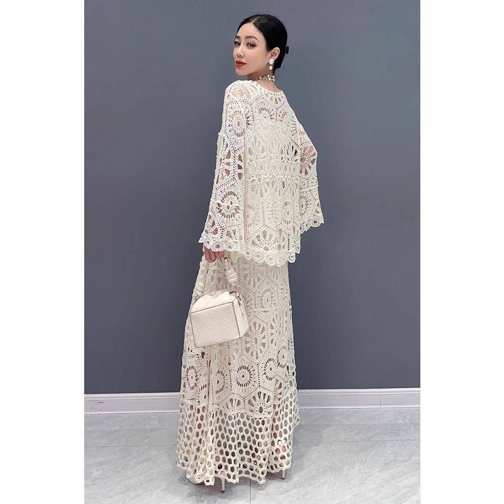 DIMANAF 2025 Новый Юбочный Костюм Женский Пляжный Короткий Рукав Кружева Трикотаж Ажурный Сексуальный О-Образный Вырез Ажурный Летний Стиль Топы Футболки Свободные Базовые