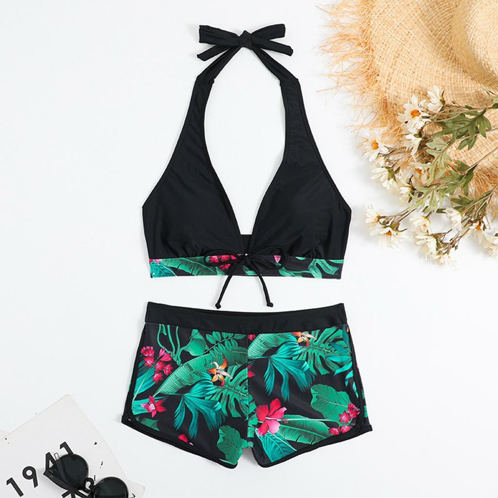 Women's Paneled Printed Swimsuit Ladies Split Boxer High Waist Swimsuit Two-Piece Set