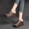 Genuine Leather Peep Toe Wedges Slippers Women Vintage Outdoor Slides Thick Soles Platform Shoes