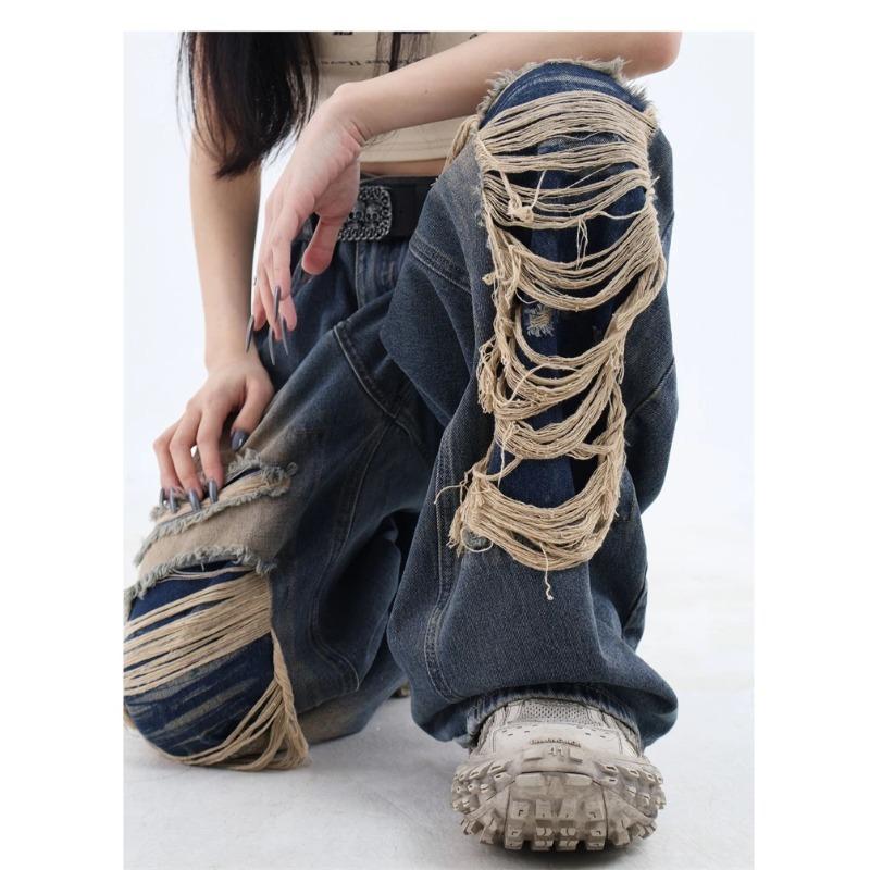 Women's Gothic Black Jeans High Waist Vintage Korean Fashion Y2k Streetwear Ripped Pants Harajuku Casual Wide Leg Denim Trousers