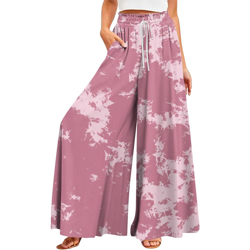 Женские летние широкие брюки с высокой талией и струящимися карманами, модные повседневные повседневные пляжные брюки в богемном стиле с принтом