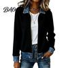 Lightweight Autumn Outerwear Women Corduroy Denim Zip-Up Jacket, Long Sleeve Casual Coat, Contrast Color Clothing Fall Winter Jacket with Turndown