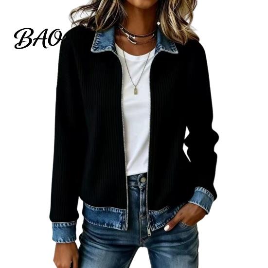 Lightweight Autumn Outerwear Women Corduroy Denim Zip-Up Jacket, Long Sleeve Casual Coat, Contrast Color Clothing Fall Winter Jacket with Turndown