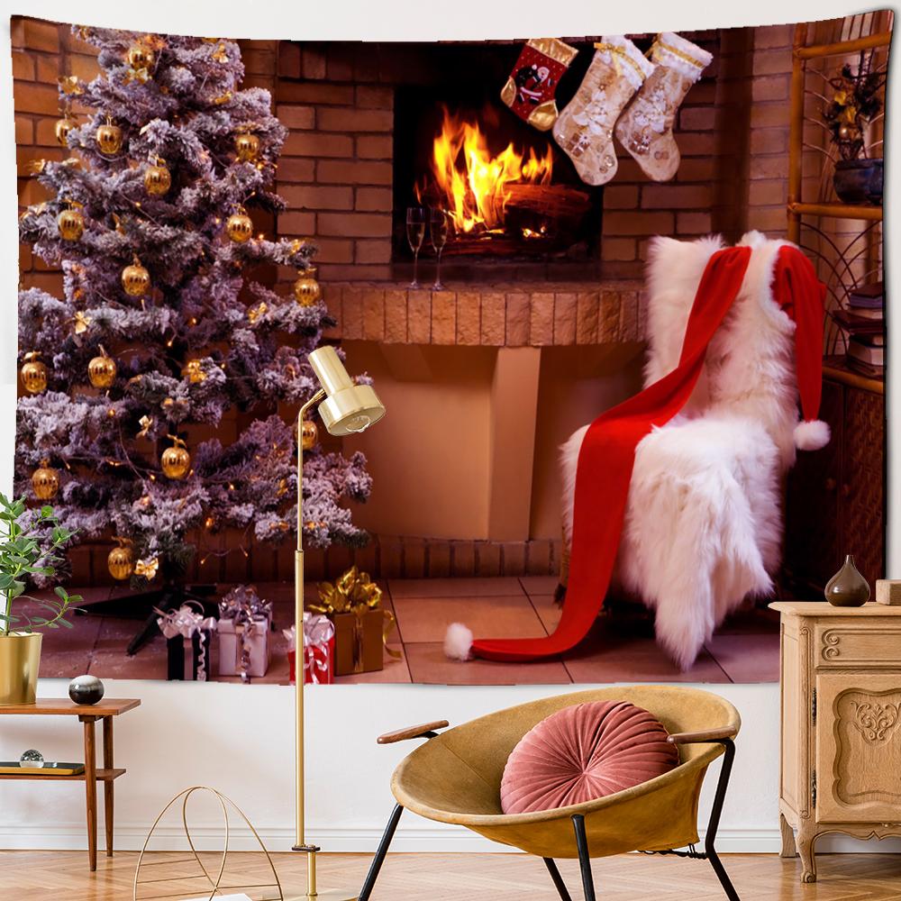 Рождественская елка камин гобелен настенный колдовство психоделический подарок носки новогодняя комната хиппи домашний декор