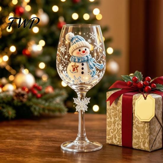 Handcrafted Glassware for Wine Christmas Glass, Santa Snowman Reindeer Stocking Tree Wreath Pattern Holiday Gift Sets Wine, Cocktails, Xmas