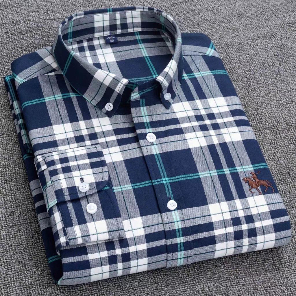Клетчатая Повседневная Хлопковая Мужская Рубашка Приталенного Кроя С Логотипом Лошади Из Оксфордской Ткани С Длинным Рукавом В Полоску Для Мужчин