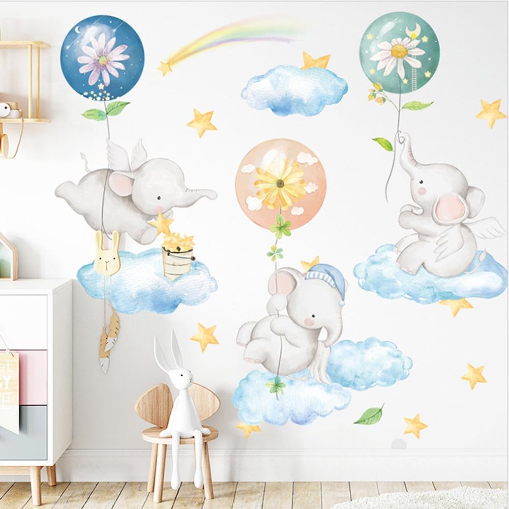Наклейки на стену с изображением воздушного шара и слона, детская комната, детская спальня, фоновое украшение, обои с изображением мультяшных животных, наклейка для домашнего декора