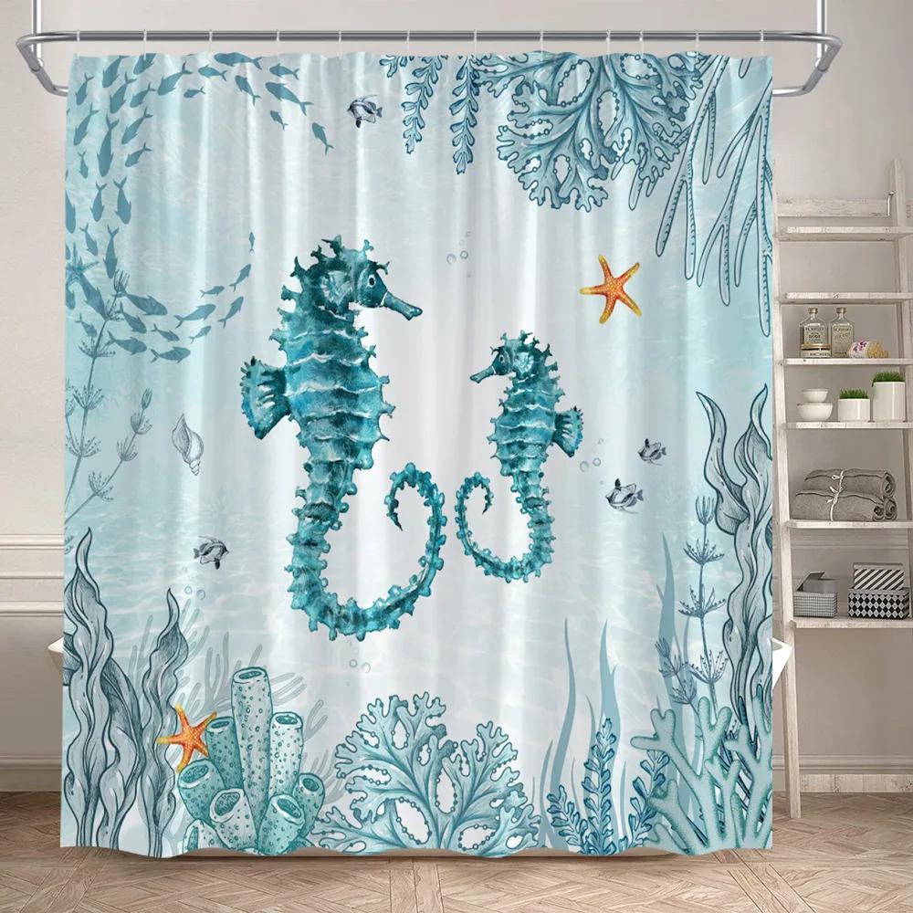 Funny Octopus Shower Curtains Marine Animal Mermaid Sailboat Vintage Nautical Map Bath Curtain Fabric Bathroom Decor with Hooks