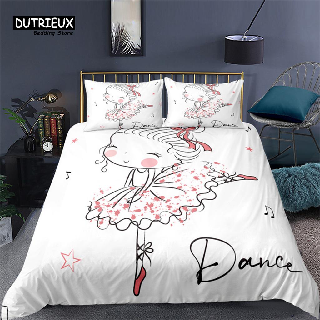 Cartoon Ballet Girl Toddler Bedding Set For Kids Teen Girls Microfiber Modern Swan Cat Unicorn Print Duvet Cover Bedroom Decor