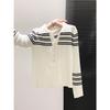 Black and White Contrasting Stripes Polo Lapel Long-sleeved Shirt Women's Spring and Autumn Slim-fit Temperament Knitted Top Cardigan