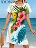 Casual and Fashionable Women's Round Neck Short Sleeved Beach Flower Print Loose A-line Beach Dress for Summer
