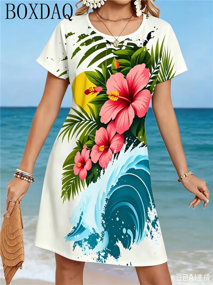 Casual and Fashionable Women's Round Neck Short Sleeved Beach Flower Print Loose A-line Beach Dress for Summer