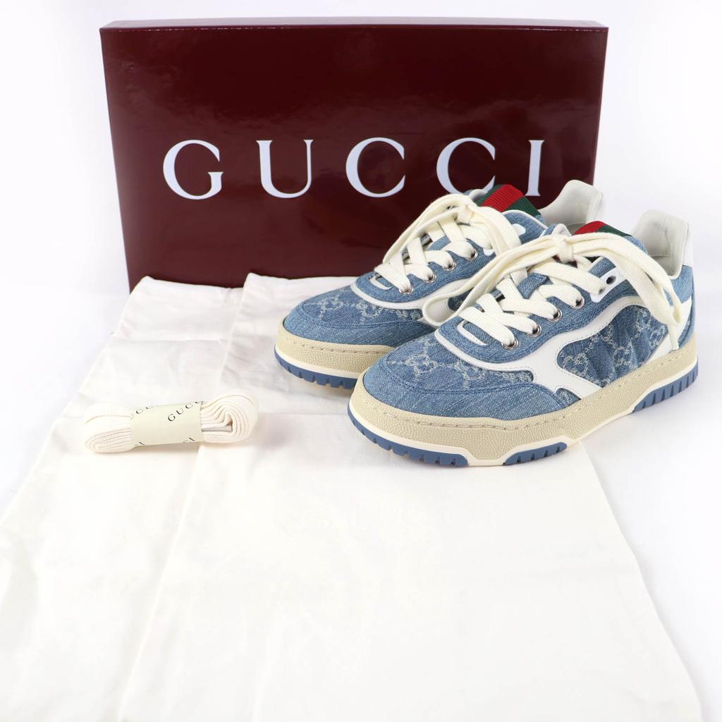Идеальное состояние Кроссовки GUCCI Низкие Reweb GG деним кожа Индиго Женские 35 838831 Б/у