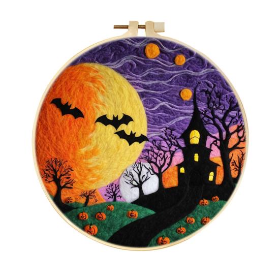 Halloween Needle Felting Kit Beginner Felt Craft Set DIY Felt Painting with Faux Wool Needle Frame Stamped Fabric for Adults Handcraft Lovers