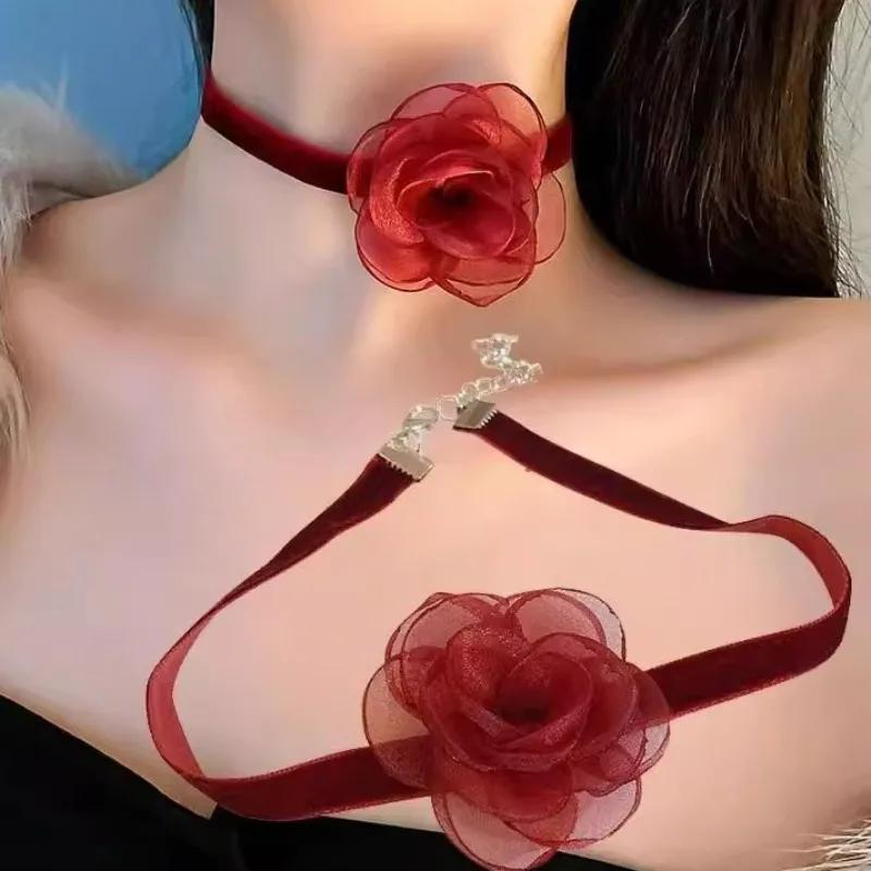 Lady Elegant Mesh Flower Necklace Women Comfortable Red Black Neck Ornaments Girls Lightweight Rose Necklace Party Gift Giving