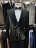 Crystals Beading White Men Suit Set 2 Piece Blazer+Black Pant Trousers Formal Office Jacket Groom Wedding Tuxedo Coat