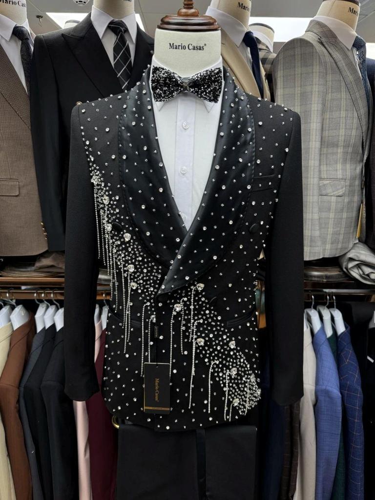 Crystals Beading White Men Suit Set 2 Piece Blazer+Black Pant Trousers Formal Office Jacket Groom Wedding Tuxedo Coat