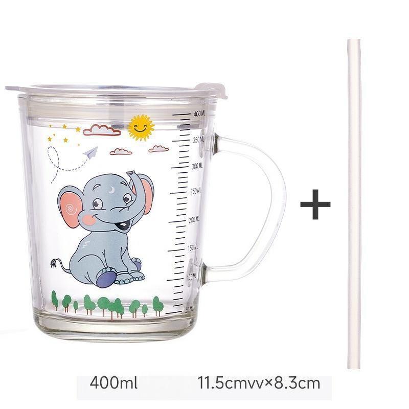 High Quality Kids Straw Cup with Lid and Handle Cute Glass Tumbler with Scale for Water Tea Milk Coffee Elephant Cartoon Pattern