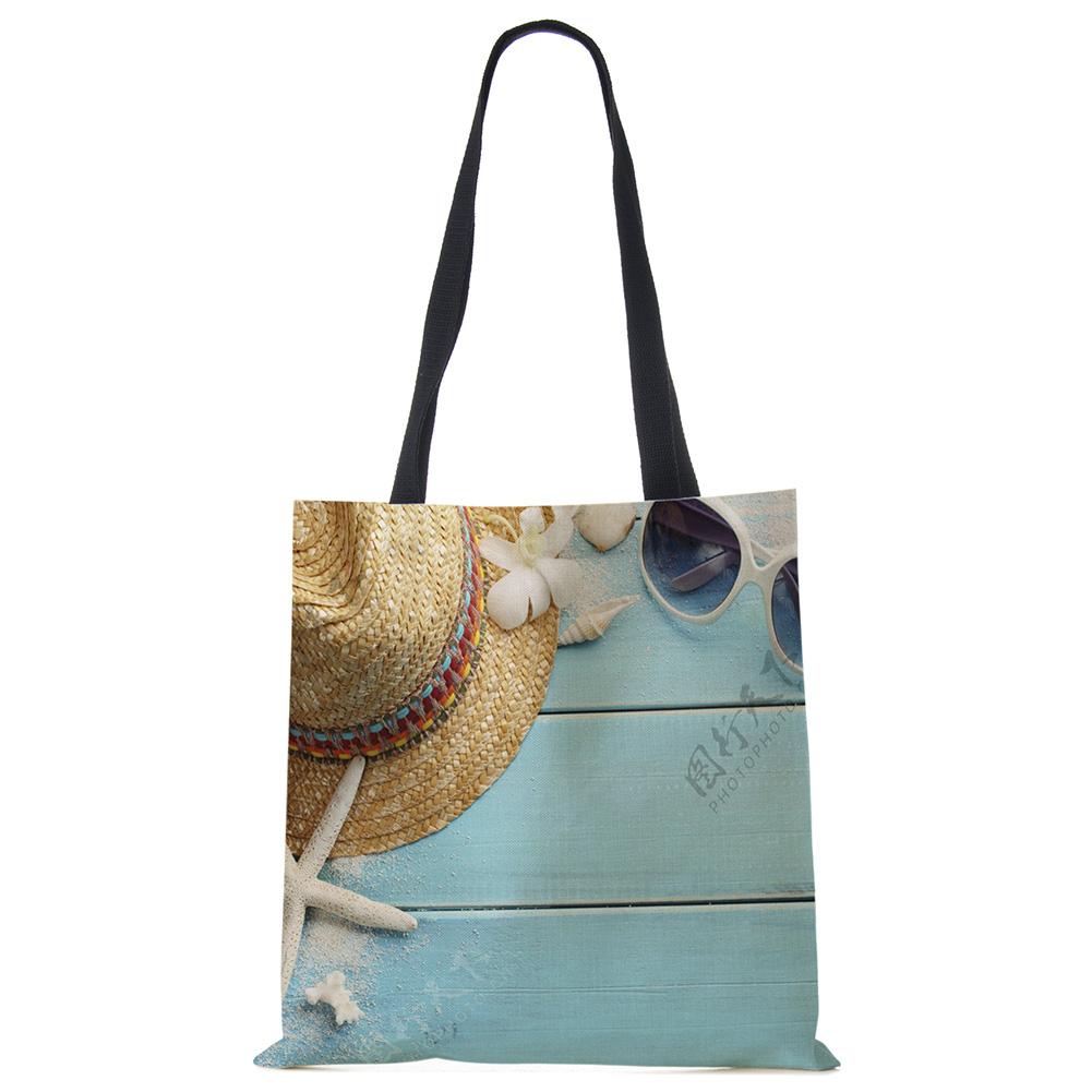 Женская сумка через плечо Голубой океан Морская звезда Пляжные следы Хозяйственная сумка Льняная ткань Красивая Повседневная Практичная Сумка KTY