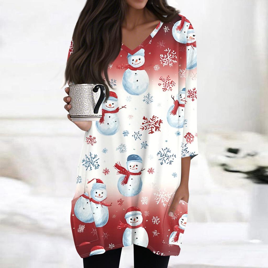 Womens Tops V-neck 3/4 Sleeve Blouses Casual Mid-length Shirts Fashion Christmas Print Tunic Tops With Pockets