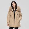 Autumn Winter Thicken Warm Detachable Parka Women Casual Fur Collar Solid Color Big Pocket Loose Hooded Coat Jackets Three-way Wear Outwear