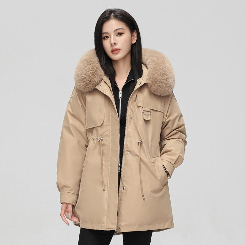 Autumn Winter Thicken Warm Detachable Parka Women Casual Fur Collar Solid Color Big Pocket Loose Hooded Coat Jackets Three-way Wear Outwear