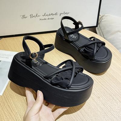 7,5 см ПУ микрофибра синтетическая кожа балетки женские тапочки туфли на платформе танкетка пряжка летние сандалии с открытым носком модные туфли