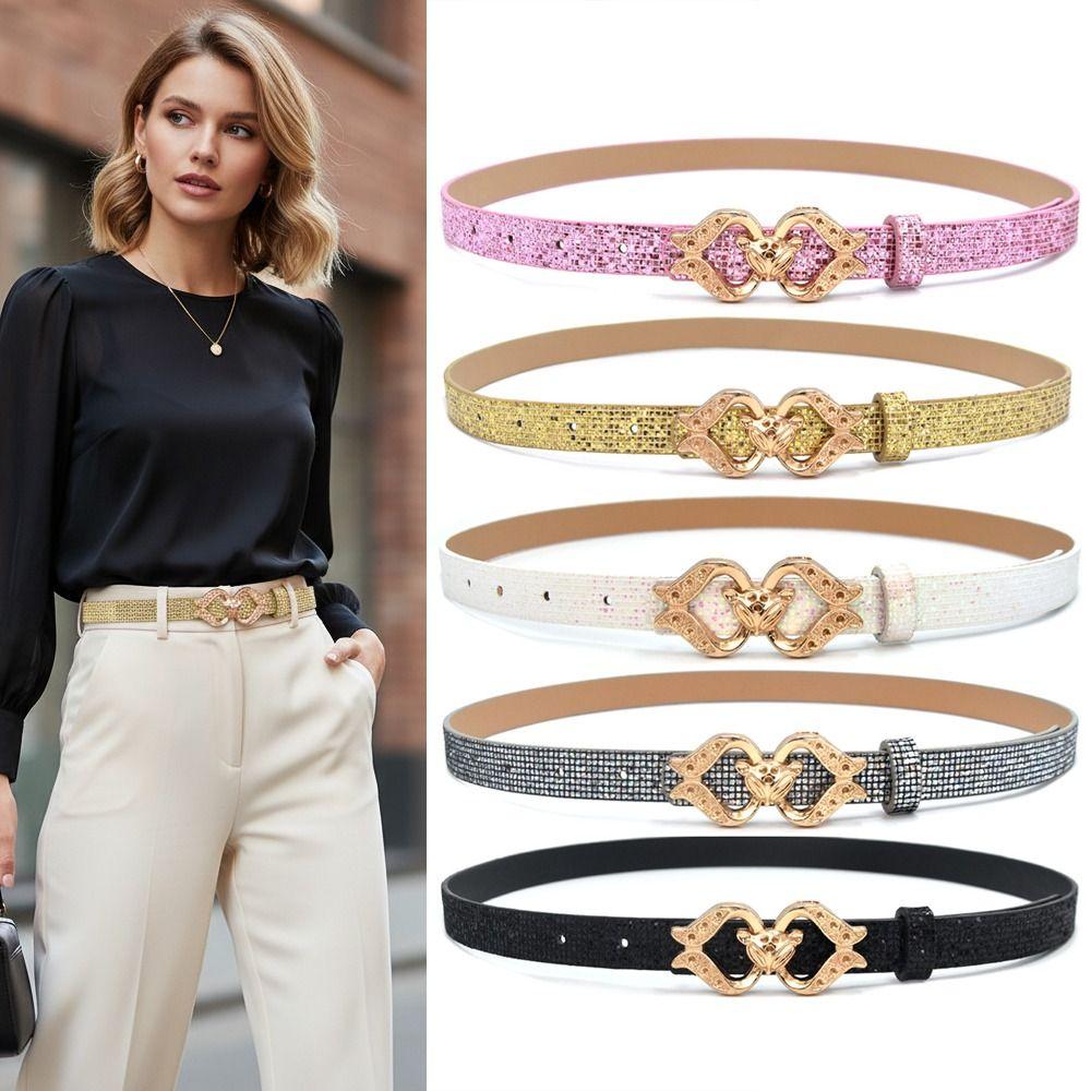Glitter PU Leather Belt Bling Bling Fox Buckle Belt Vintage Sparkling Rhinestone Belt Women