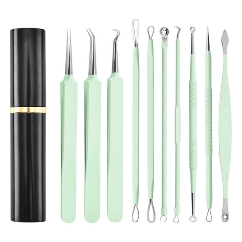 Portable 10Pcs Acne Treatments Kit Including Carbon Steel Needle and Ergonomic Comedone Extractor Tools