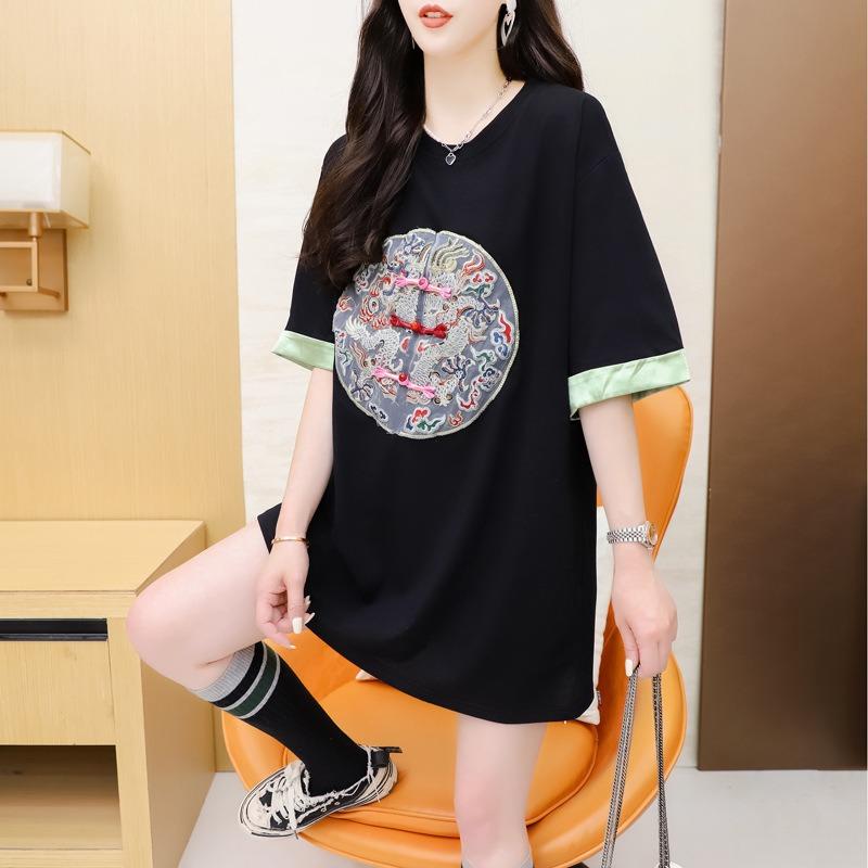 Женская футболка с короткими рукавами и китайской вышивкой, женский летний свободный топ для показа мод, тонкий топ с принтом мяса