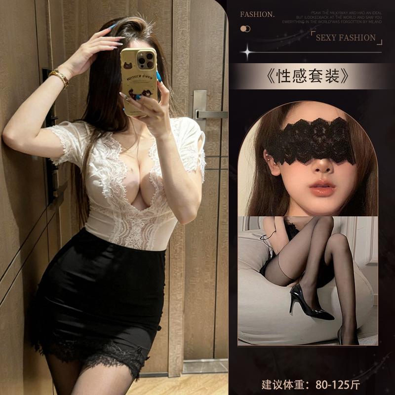 Sex underwear women's sexy lace perspective deep v secretary hip skirt pure desire free uniform suit