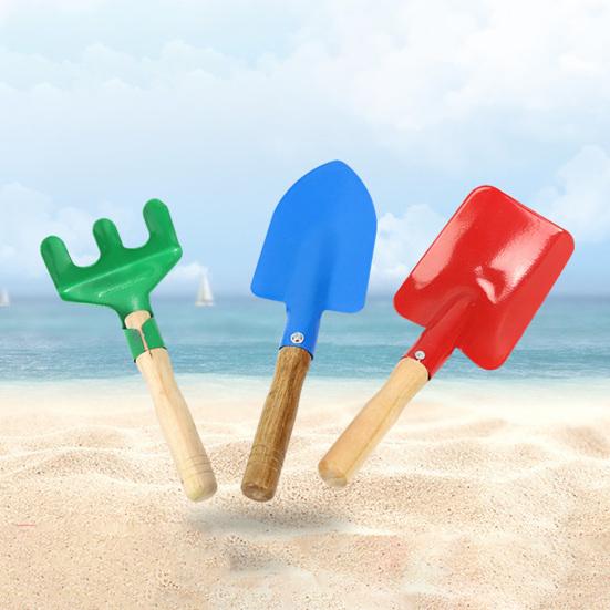3Pcs/Set Kids Beach Sand Toy Wooden Handle Iron Shovel Rake Spade Toddlers Outdoor Summer Beach Digging Gardening Tools