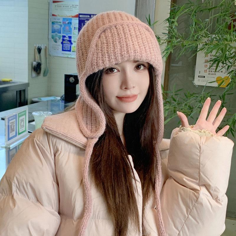 Японская вязаная шапка для защиты ушей, зимняя теплая, морозостойкая, летная шапка, однотонная шерстяная вязаная шапочка, корейская женская шапочка