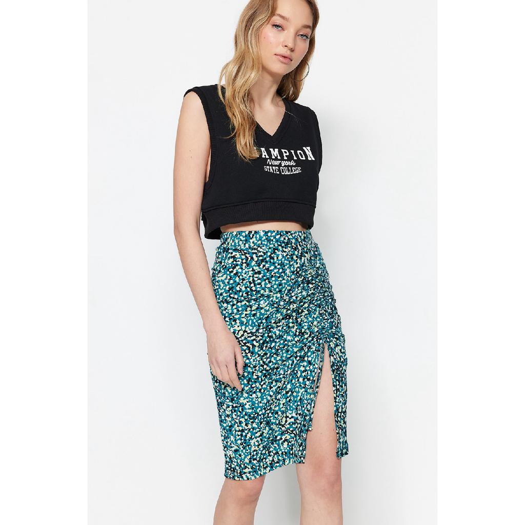 Black Printed Pleated And Slit Fitted High Waist Mini Knitted Skirt Twoaw22et0401
