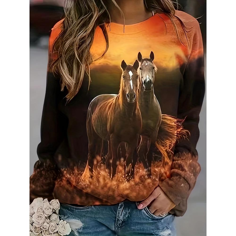 Fashion Women's Sweatshirt Horse Graphic Print Sweatshirt for Women Casual Long Sleeve Crew Neck Pullover Y2k Women's Clothing