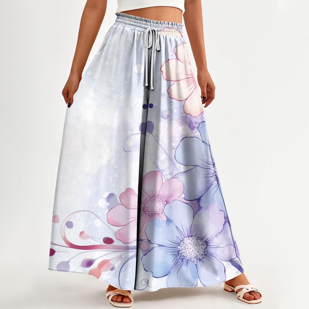 Женские широкие брюки с высокой талией, летние повседневные струящиеся брюки-палаццо, пляжные брюки с цветочным принтом и карманом