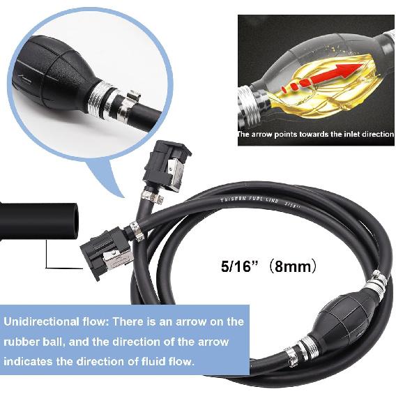 Tnisesm 5/16" 6FT Fuel Line Assembly, With Connector Rubber Marine Outboard Boat Motor RVs Fuel Assembly With Primer Bulb 304 Steel Hose Clamps