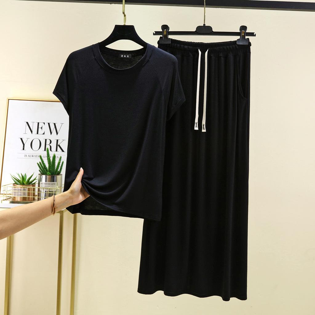 Футболки с коротким рукавом и длинным рукавом из модала с круглым вырезом и длинная юбка, комплект из 2 предметов домашней одежды больших размеров, свободные комплекты модных платьев, женские комплекты