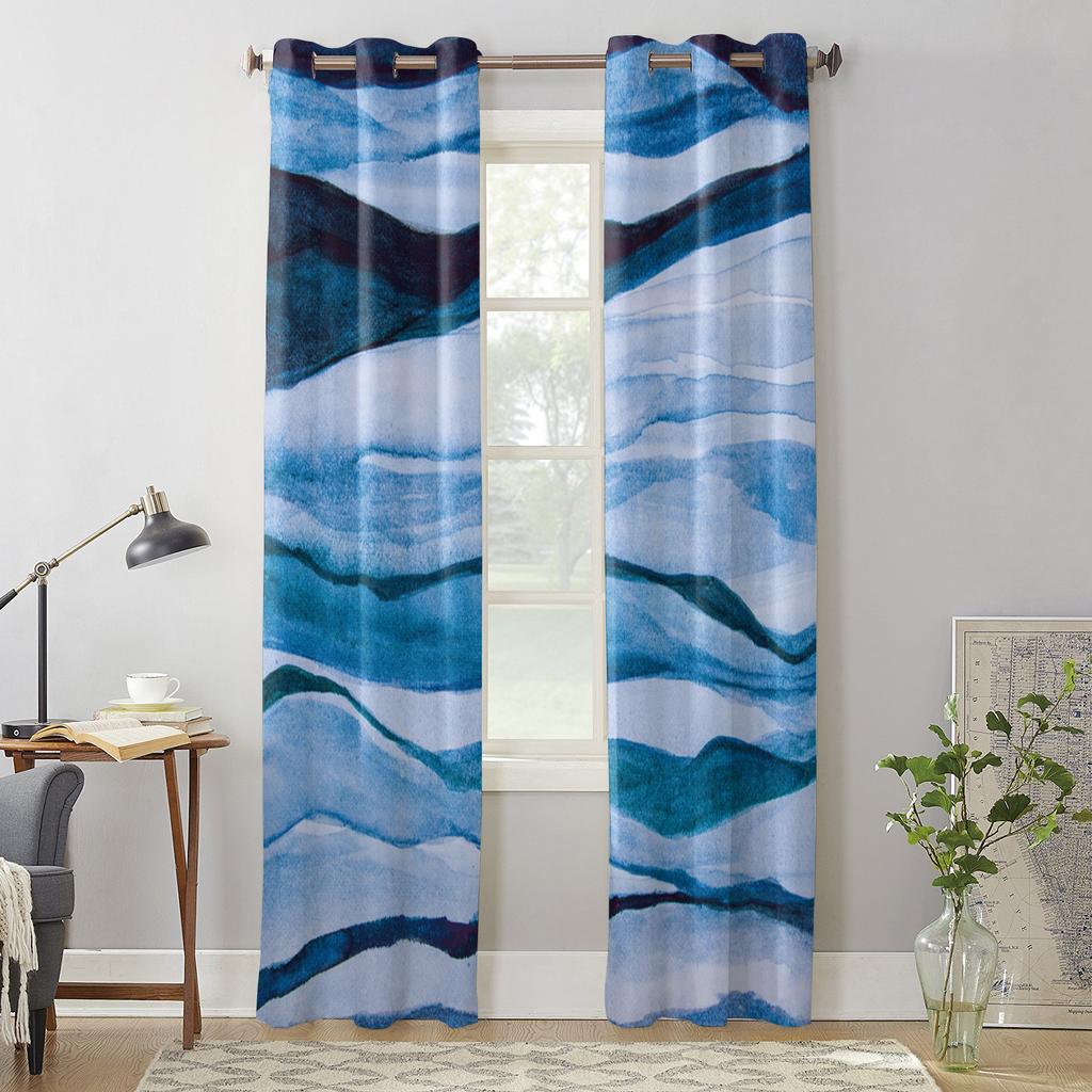 Занавеска для спальни и кухни, абстрактная синяя акварельная краска, оконные шторы, занавески для гостиной, декоративные предметы