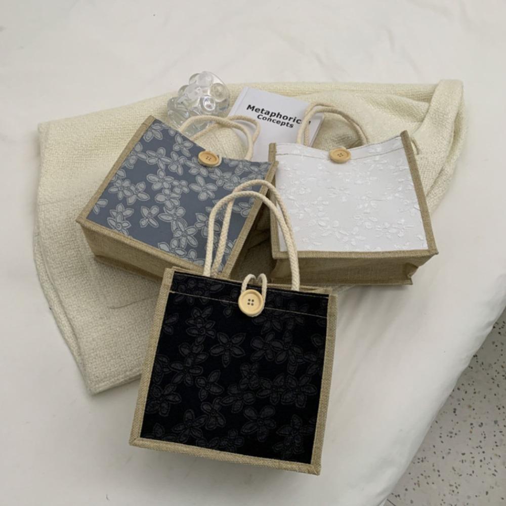 Zipper Love Heart Tote Bag Button Linen Handbag Fashion Flower Linen Bag Shopping