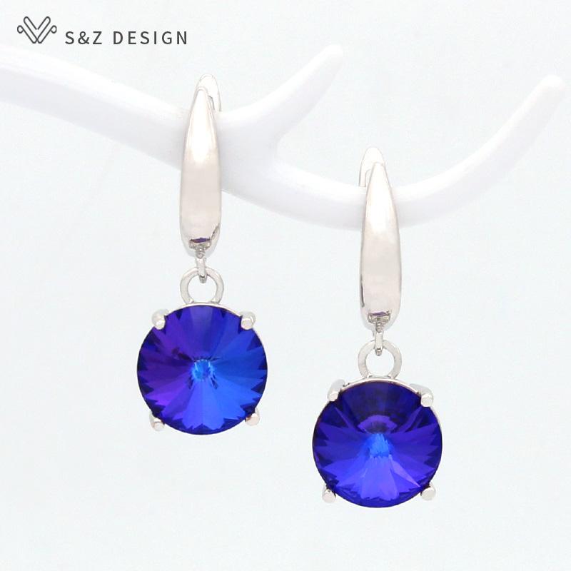 Colorful Round Large Crystal Drop Earrings For Women Wedding Jewelry Fashion Rose Gold Color Eardrop Gift