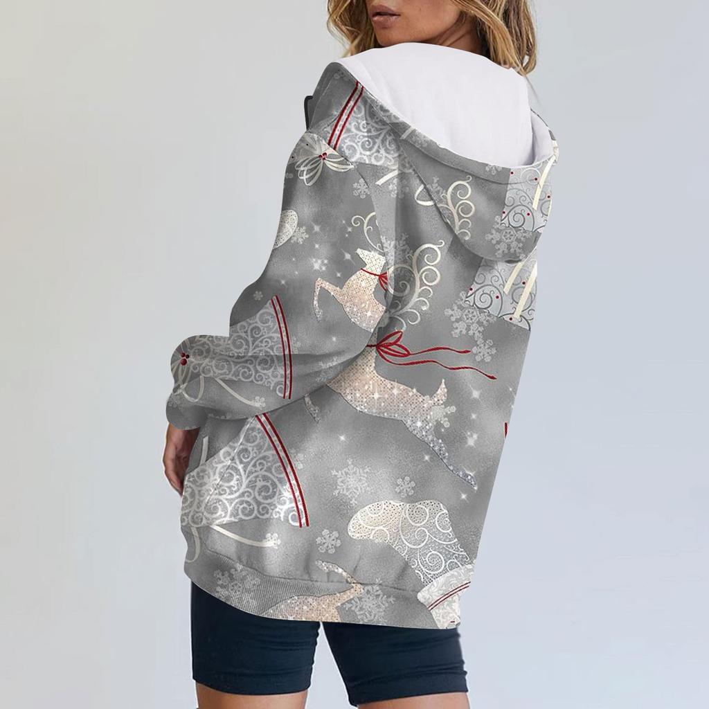 Женские толстовки на молнии для девочек-подростков, рождественский свитшот с принтом, одежда, повседневная куртка на шнурке с карманами