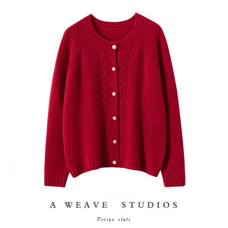 Womens 100% Cashmere Knit Cardigan Sweater Thick Round Neck Long Sleeve Winter Casual Office Wear