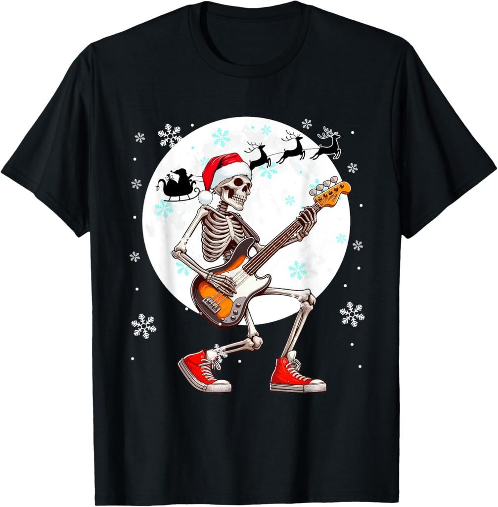 Christmas Santa Skeletons Playing Guitar Bass Guitarist T-Shirt