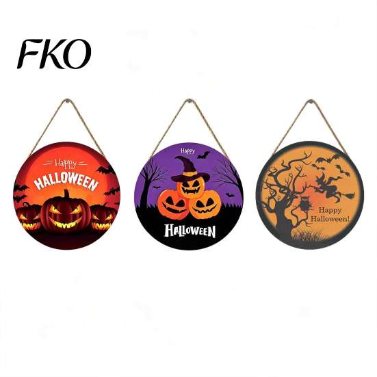 Waterproof Solid Wood Hanging Pendant Halloween Wall Pendant, with Pumpkin And Witch Silhouette, Wooden Party Bar Decor Round Sign, for Home