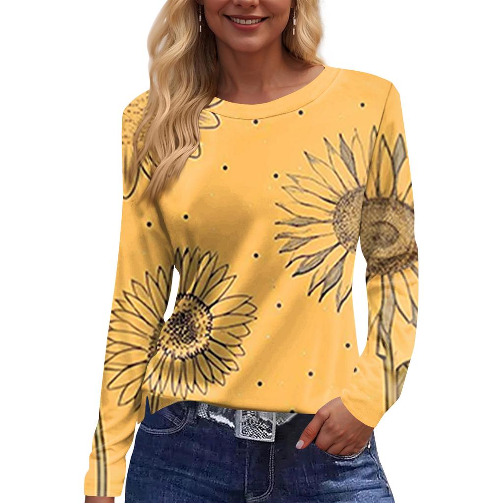 Women's Fashion Casual Slit Hem Round Neck Long Sleeve Loose Printed T-Shirt Ladies Top