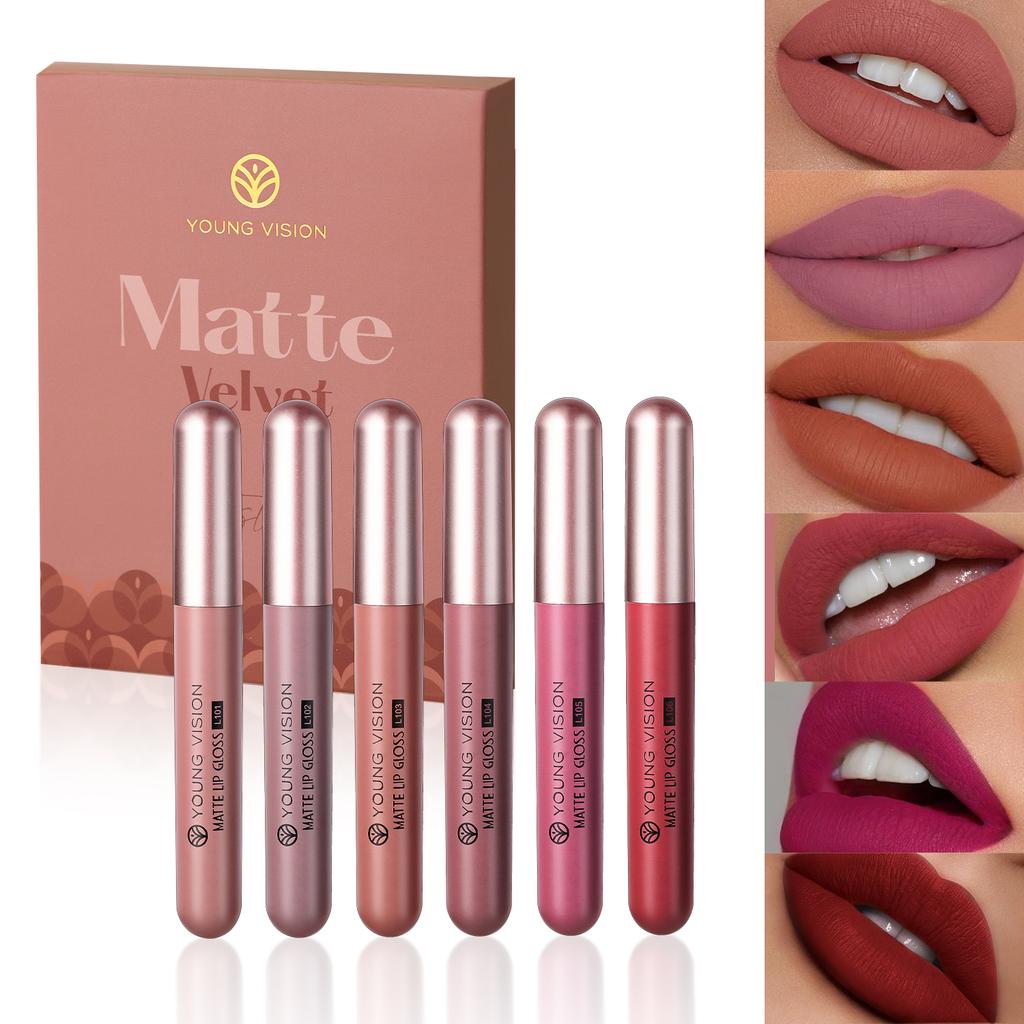 YOUNG VISION 6Pcs/Kit Matte Velvet Lips Glosses Waterproof Long-Lasting Liquid Lipstick for Flawless Makeup